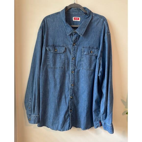 Wrangler Men’s Denim Button-Down Shirt 3XL Blue Stretch Chambray Western Casual - Picture 1 of 11